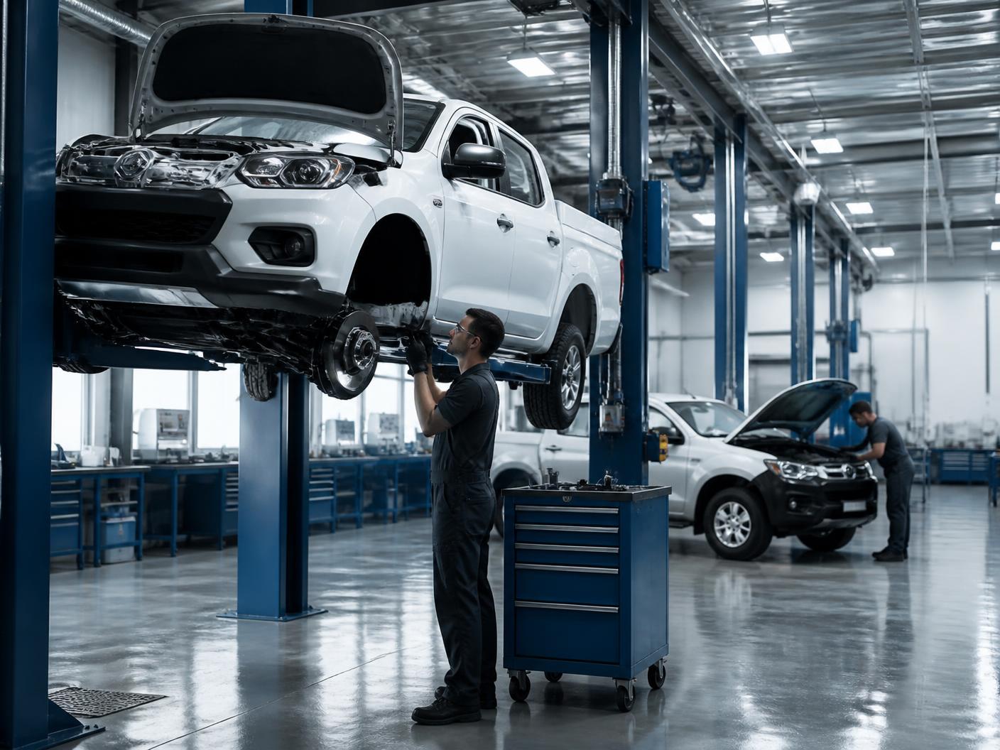 Pickup blanca en mantenimiento dentro de un taller autorizado